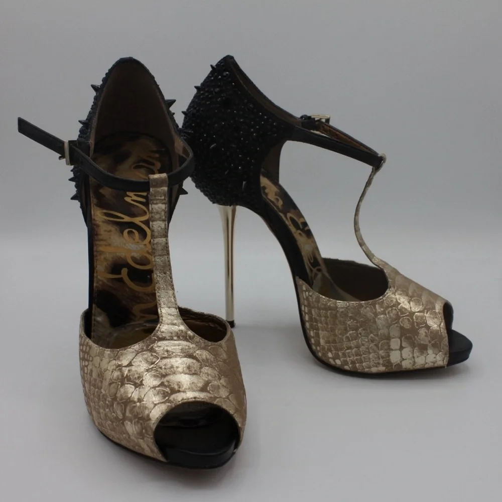 Designer Sam Edelman Scarlett Black /Gold Suede Leather Spiked Heels Size 9.5 - Picture 5 of 9